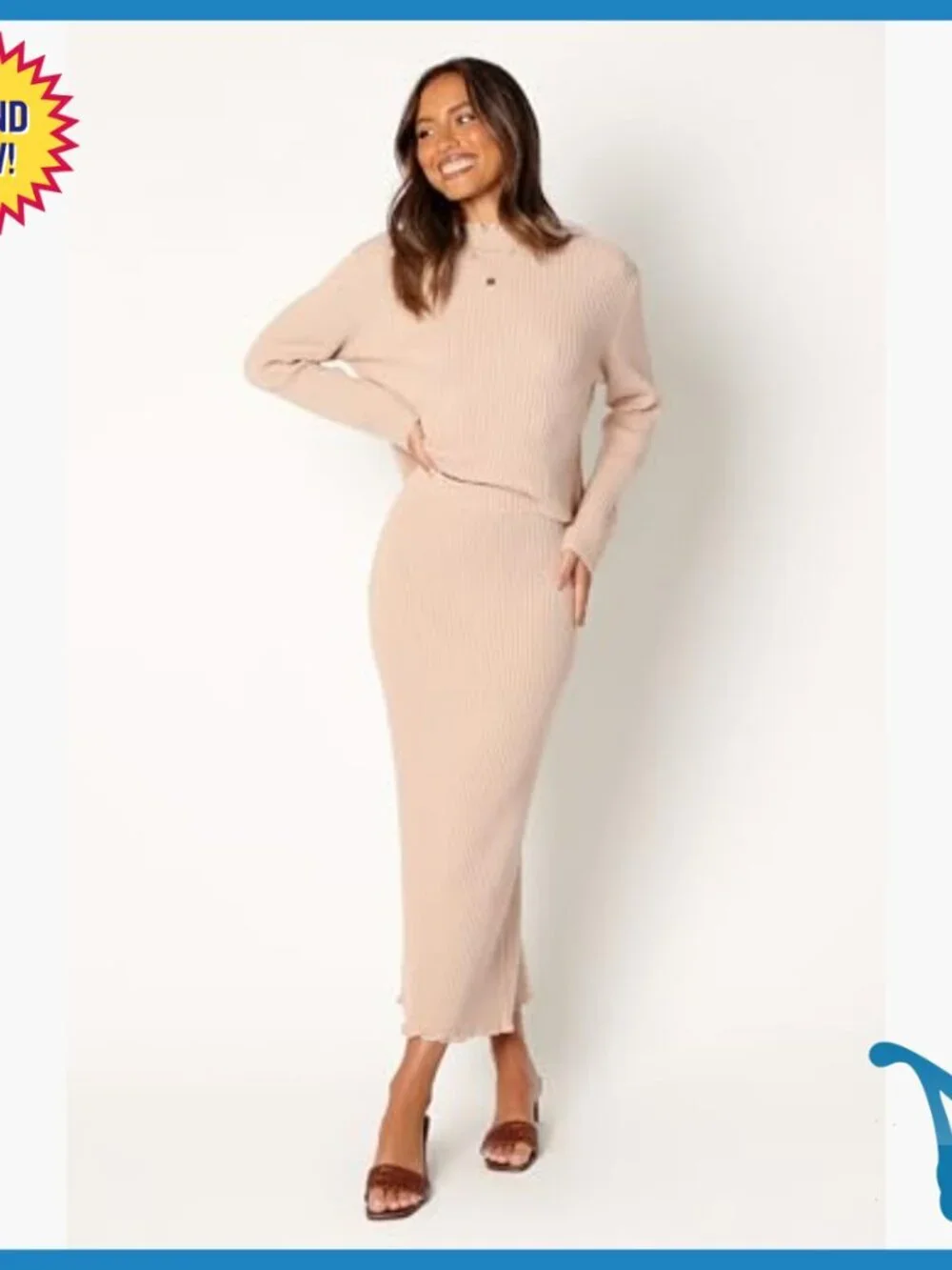 Long Sleeve Knit Top and Midi Skirt Set, Small, Acrylic Blend